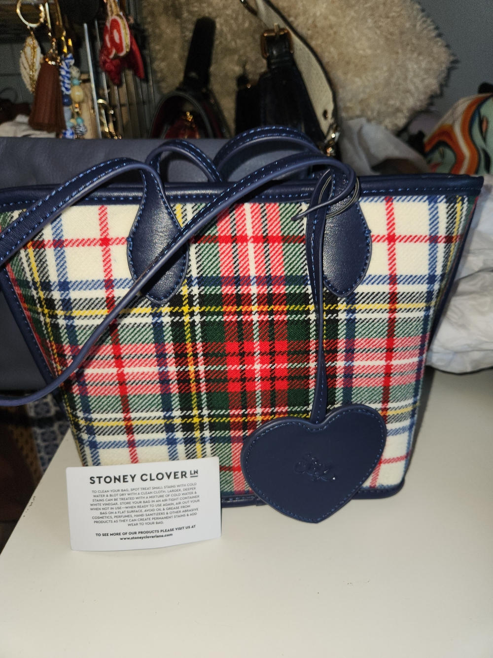 Stoney Clover Navy Plaid Tartan Tote with Heart Charm